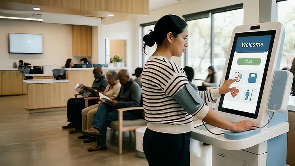Patient using a self-service health screening kiosk, a close-range task for electrostatic ultrasonic sensors.