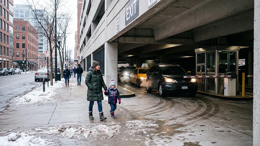Parking garage exit with a pedestrian and child walking past an exiting SUV, detected by electrostatic ultrasonic sensors.